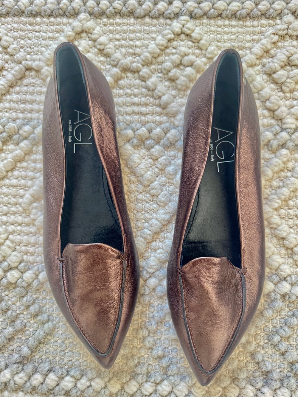 AGL Metallic Bronze Pointed-Toe Leather Flats